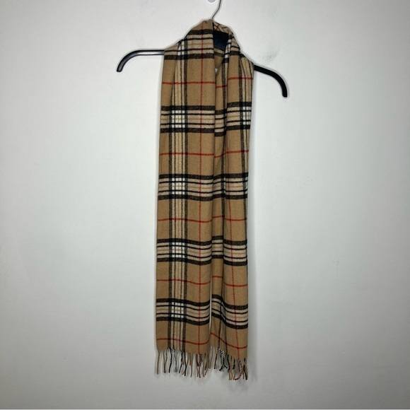 Tan plaid soft scarf with fringe - Picture 1 of 4